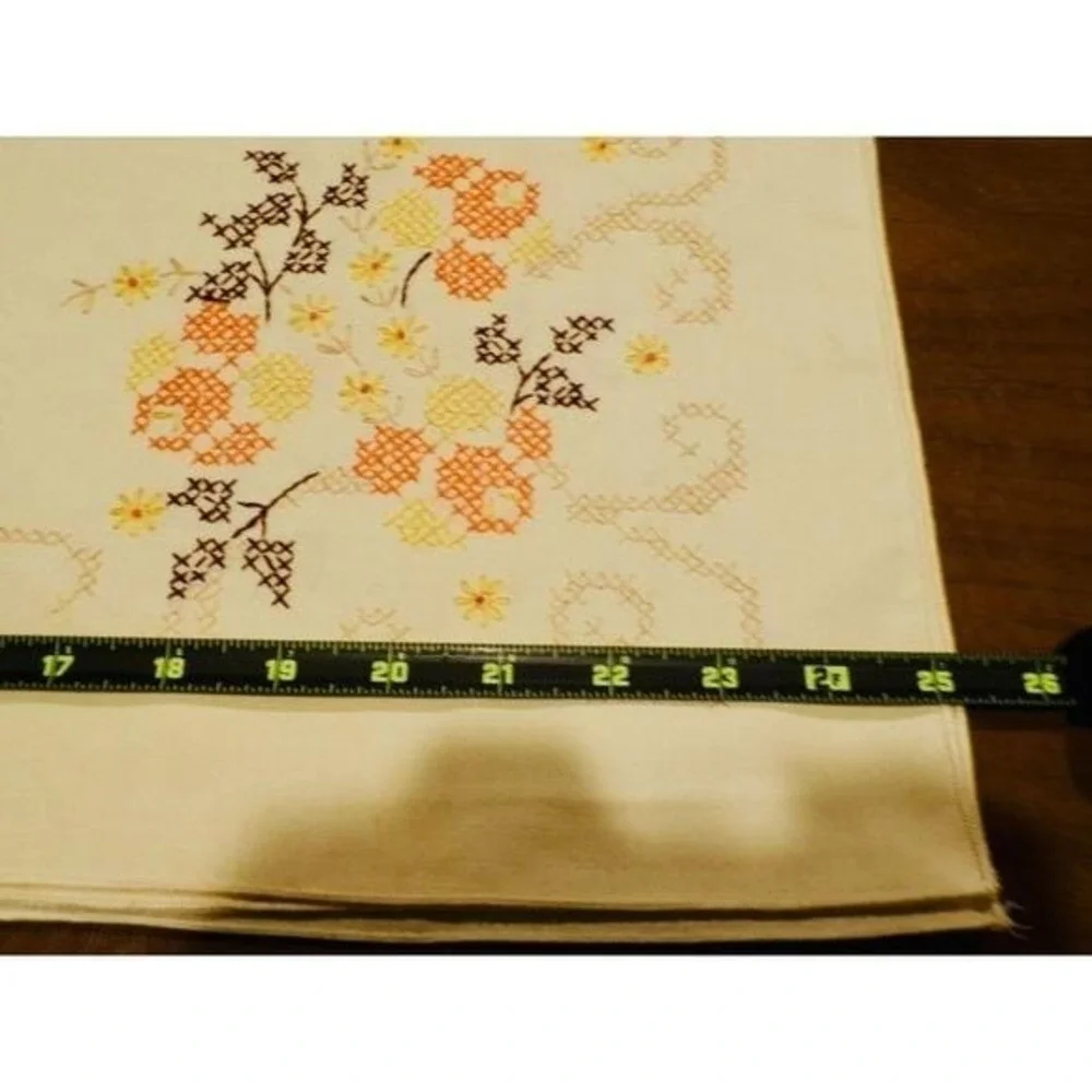 Vtg Hand Embroidered Floral Ecru Tablecloth Cross-Stitched Orange Yellow Brown‎